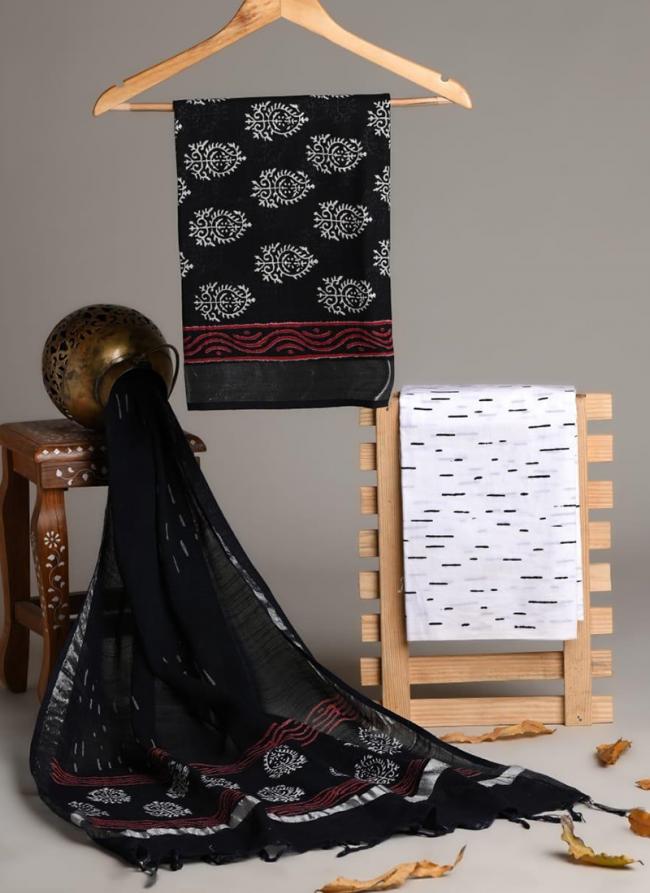 Linen Cotton Black Casual Wear Printed Salwar Suit